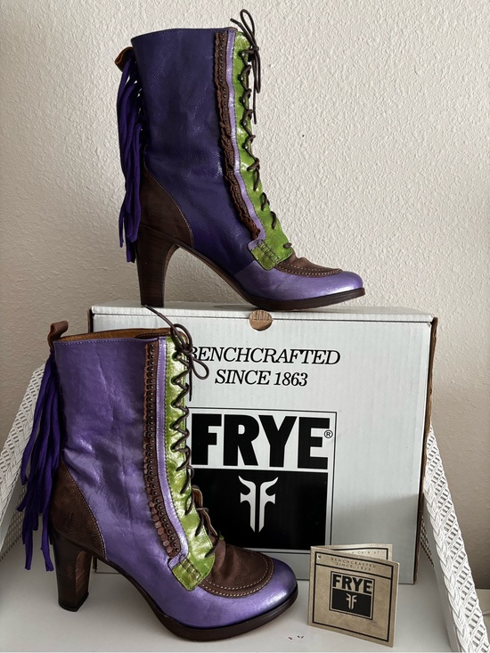 Frye Shoes - Custom FRYE Purple, Green & Brown Lace-Up Fringe Leather Boots